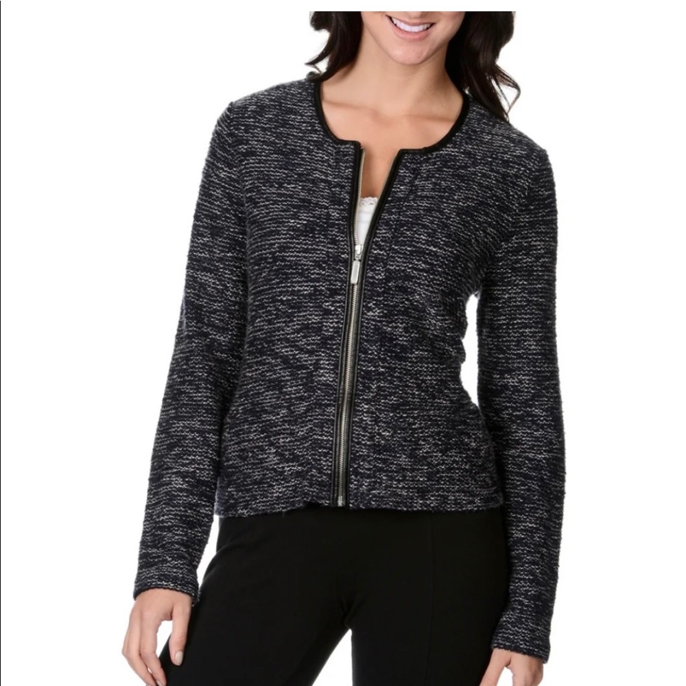 Neiman Marcus boucle leather trimmed zip up knit